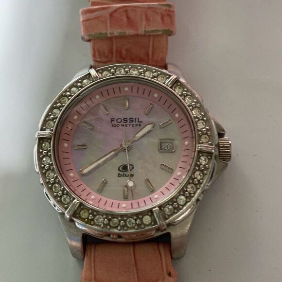 Fossil Blue Women's Silver Tone Date Pink Pave Bezel 100M Quartz Watch OS - Picture 11 of 11
